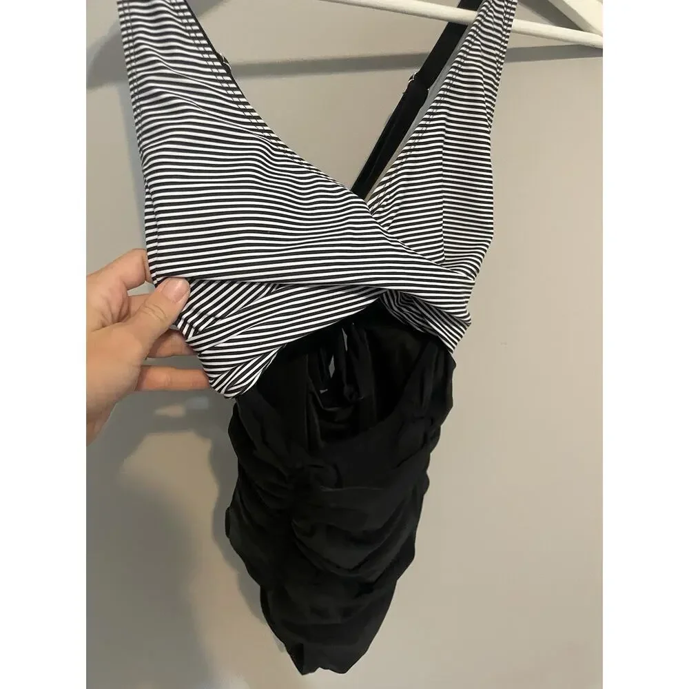 Blooming Jelly One Piece Swimsuit Size M Black White V Neck, Cut Out